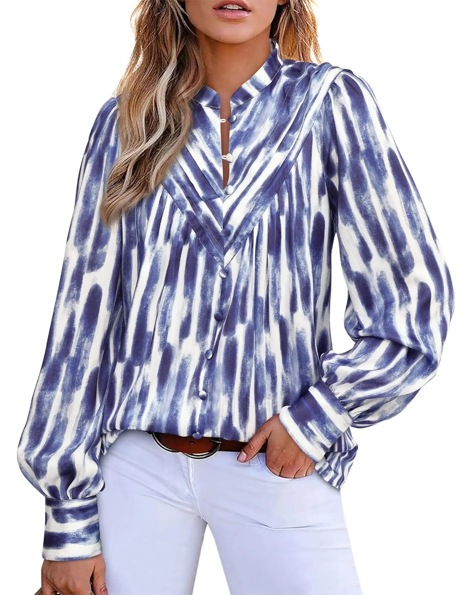 BTFBM Womens Tops Dressy Casual Fall 2026 Boho Floral V Neck Long Sleeve Half Button Down Shirt Work Business Blouses #Clearance