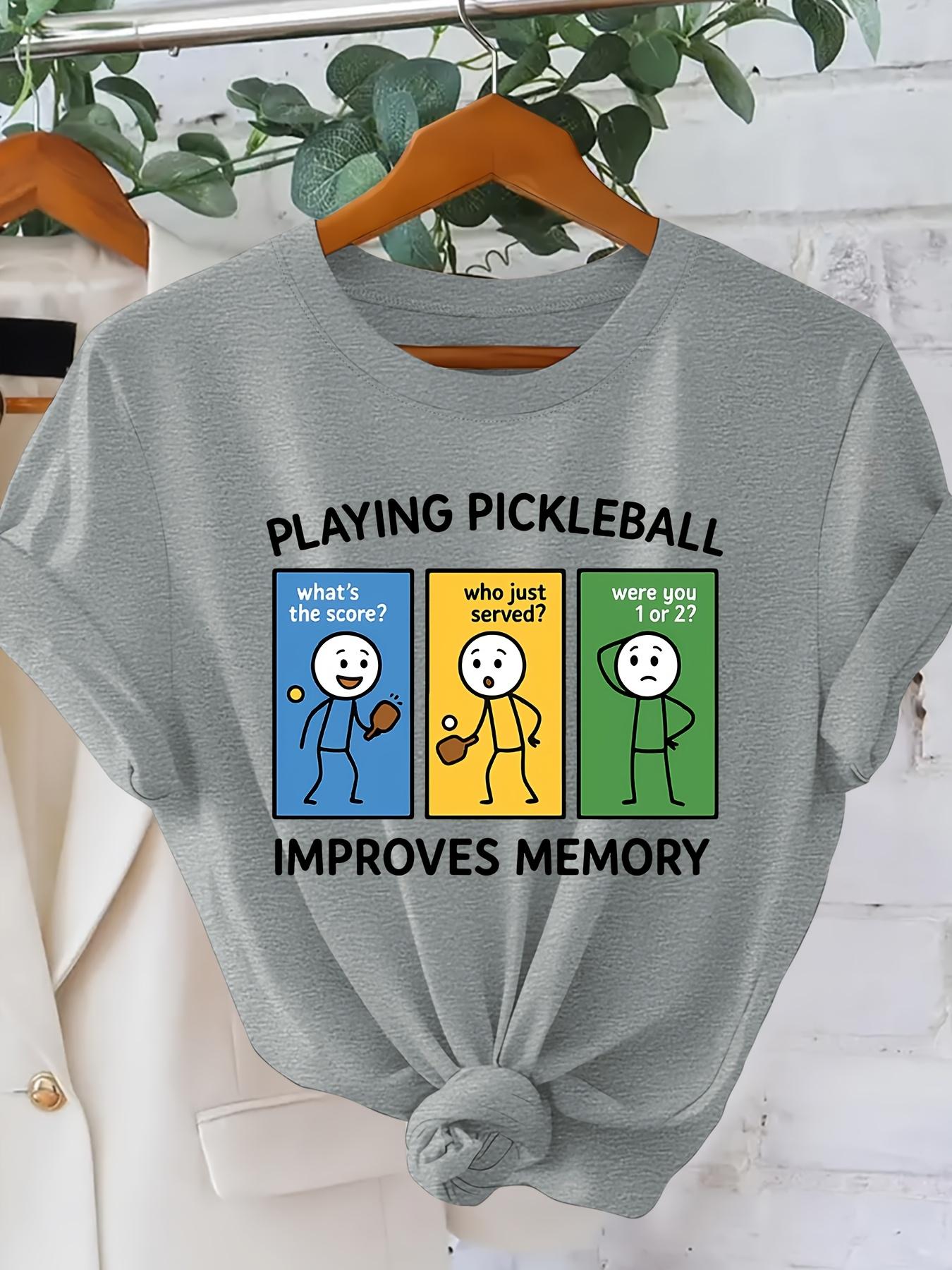 PLAYING PICKLEBALL Fun Cartoon Character Print Fashionable Vintage Style Women's Short Sleeve T-Shirt, Spring/Summer Daily Commute Casual Versatile Elegant Women's Apparel, Sporty Trendy Versatile Design, Simple Round Neck Comfortable Breathable Top,