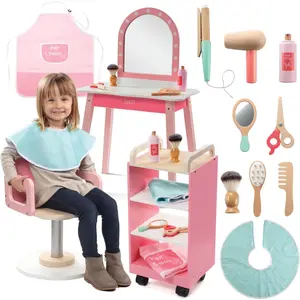 SVAN Pretend Hair Salon Wooden Play Set - Full Vanity Mirror Playset w Chair & Rolling Cart- Includes Blow Dryer, Brush, Styling, Cutting Tools & More