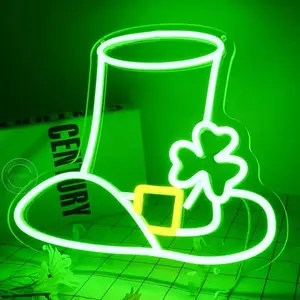 Green Lucky Clover Neon Sign Hat, Unique Shape LED Decoration Light with USB Power, Home Improvement Novelty Lighting for St. Patrick's Day Party, Wall Window Living Room Decor Gift