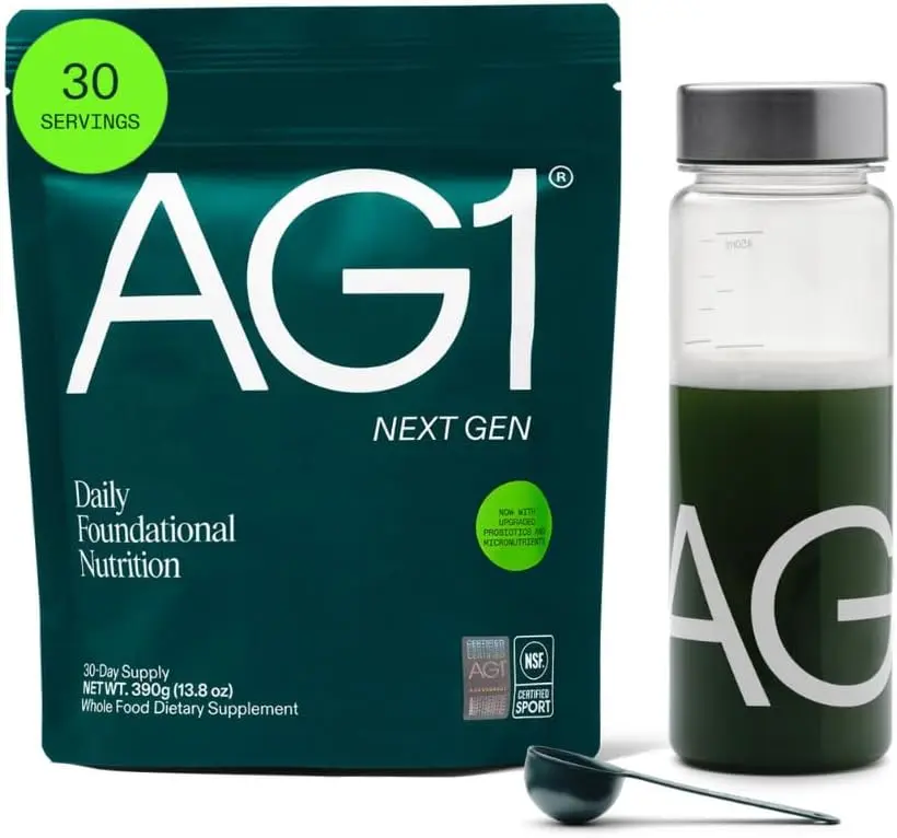 AG1 Next Gen Greens Powder Bundle with Shaker & Scoop Superfood Supplement | Includes 75 Vitamins, Minerals, Digestive Enzymes and Adaptogens in a Gluten-Free, Vegan and Keto-Friendly Formula