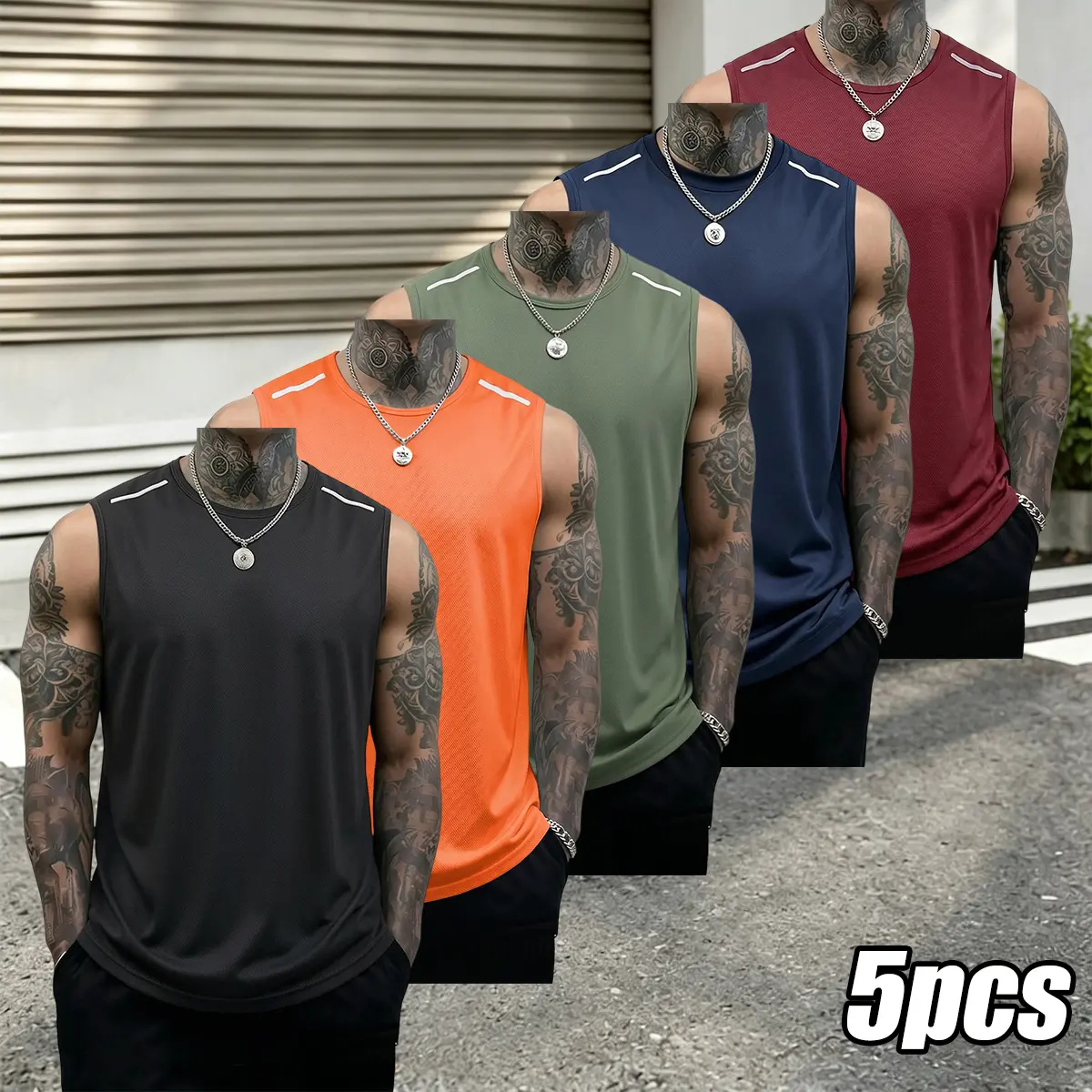 5-piece set of men’s quick-dry sleeveless muscle tank tops—comfortable and breathable, suitable for various workouts.They feature a flexible sleeveless design, making them an excellent choice for gym training, basketball, soccer, running, and many other s