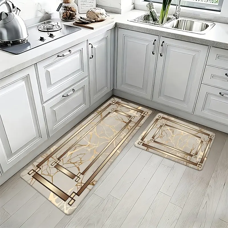 1/2/3pcs Spring/Summer Kitchen Decor Flannel Mat Set, Marble Style Gilded Print Kitchen Mat, Spring/Summer Kitchen Home Decor, Easter Home Decor, Daily Home Laundry Room Entryway Decorative Floor Mat, Lightweight, Washable, Mother's Day Gift