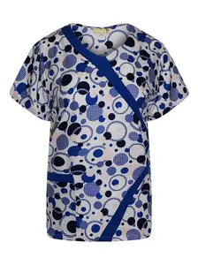 Pepino Uniforms Printed Blue Polka Dot V-Neck Trim Scrub Top
