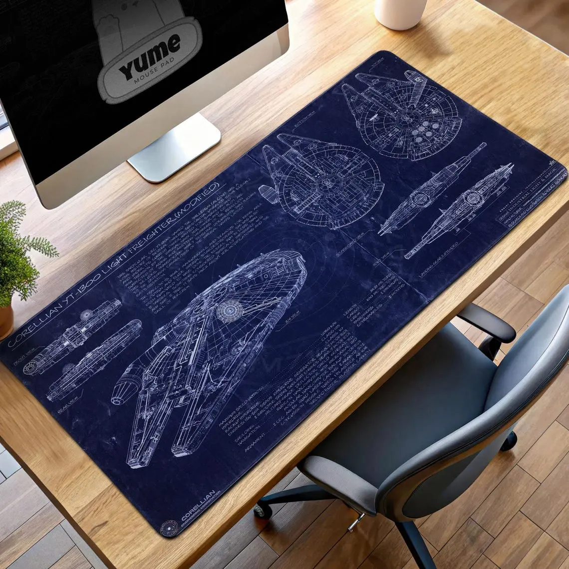 Millennium Falcon Blueprint Mouse Pad – Blue Corellian YT-1300 Schematic Design, Desk Mat, Sci-Fi Gift for Fans