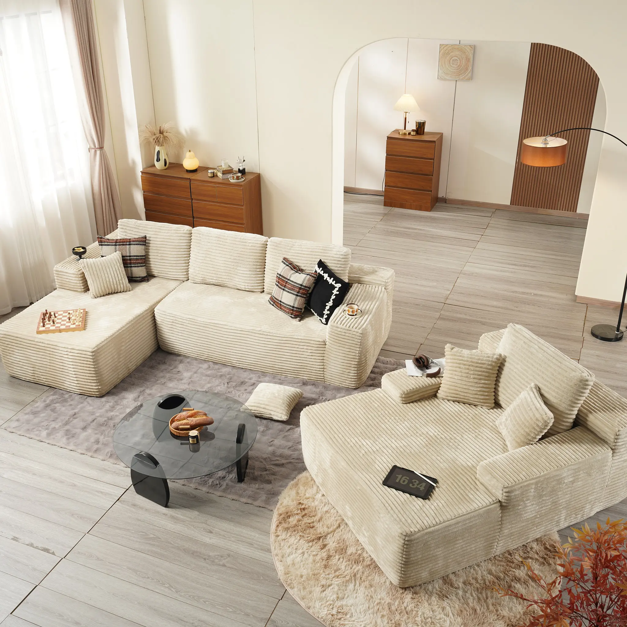 Beige Plush Corduroy Left Chaise with Chaise Sofa