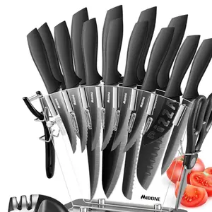 MIDONE Kitchen Knife Set with Acrylic Block, 17 PCS German Stainless Steel, includes Multiple Variety of Knives, Scissor, Sharpener, All in One Knife Set, Nonstick and No Scratch, Black