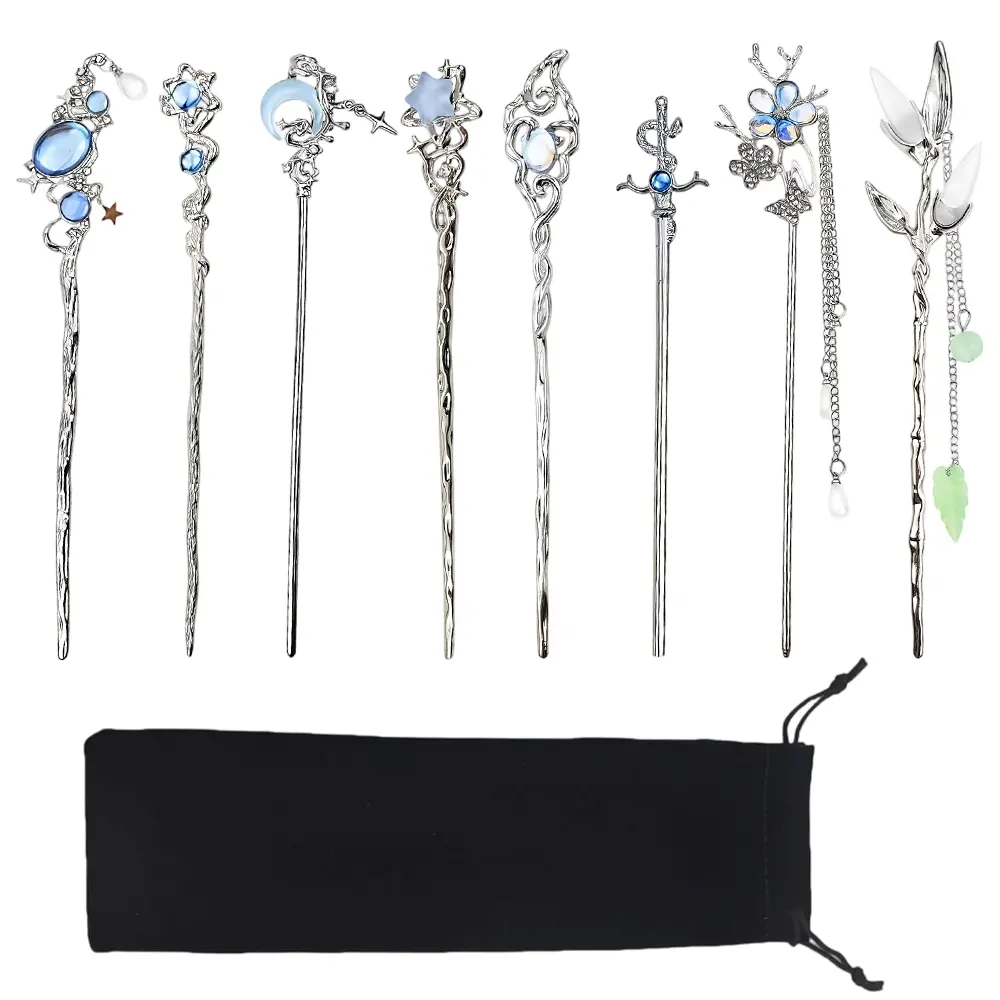 Star Moon Hair Sticks for Buns – Long Hair Chinese Hanfu Asian Vintage Hair Chopsticks, Metal Silver Hair Bun Updo Holders, Long Hairpins for Women & Girls – Celestial Themed Hair Accessories Set, Includes Moon, Star, Cloud, and Flower Motifs