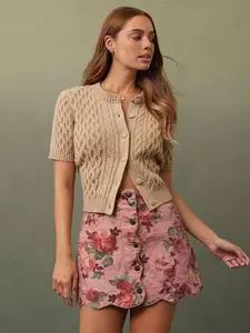 High Waist Scalloped Button Front Flower Print A-Line Denim Mini Skirt - Cute Boho Western Style
