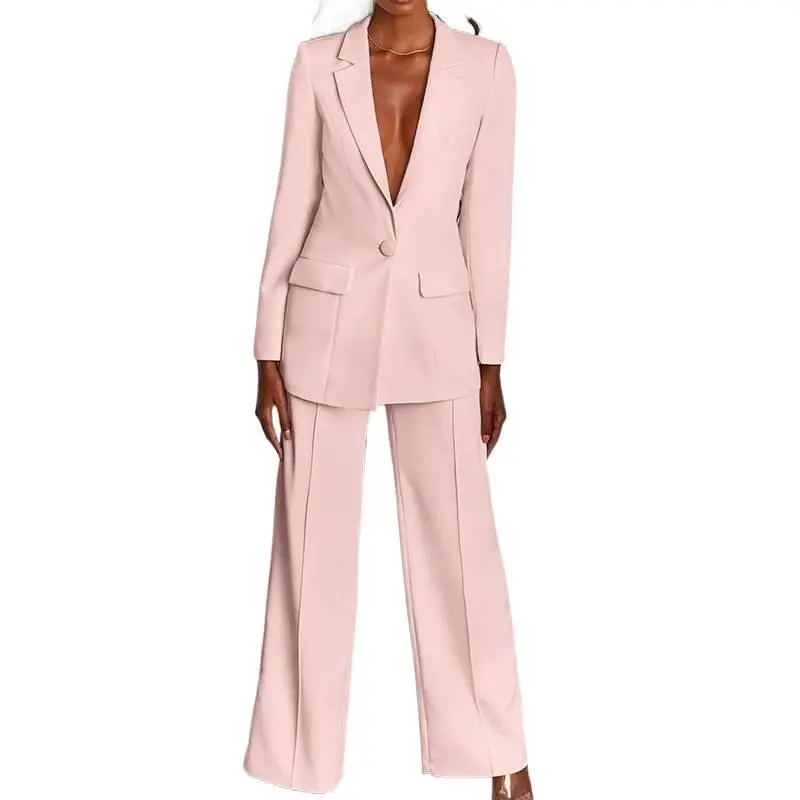Women's Simple 2-Piece Tailored Fitted Suit, Elegant Polyester Set with Longsleeves Blazer and Wide Leg Pants for Business Casual Office Wear