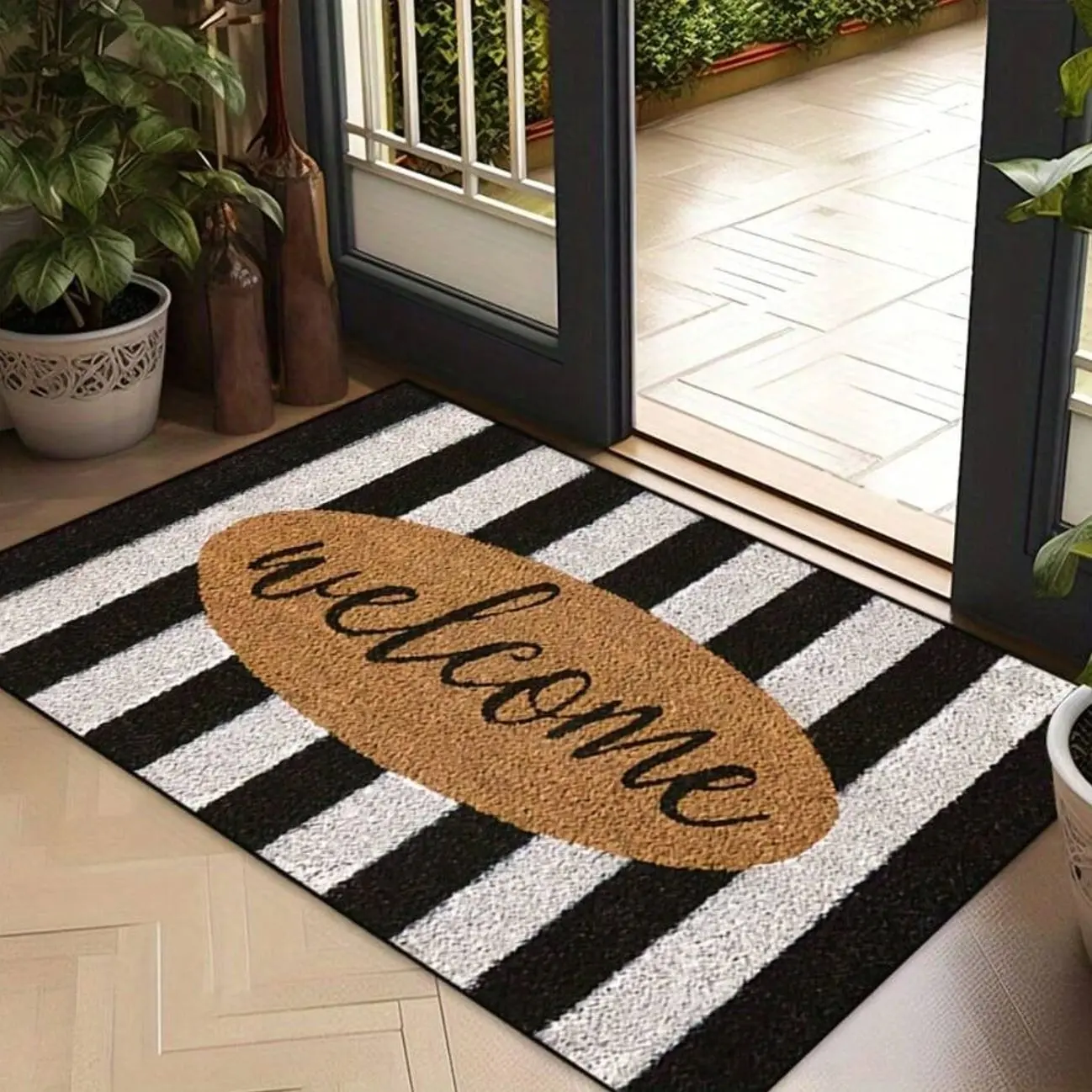1pc 16"*24"18"*30" Non-Slip Welcome Doormat With Rubber Backing - Machine Washable Polyester Entry Mat, Grey Black Vertical Stripes & Oval Brown Welcome Sign For Indoor/Outdoor Use In Entryway, Living Room, Patio, Kitchen, Bathroom