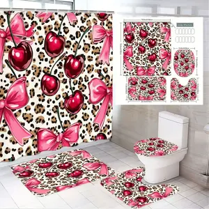 1/4pcs Leopard Print Bathroom Set, Shower Curtain, Bath Mat, Toilet Lid Cover & Pedestal Sink Mat with Red Cherries & Pink Bows - Playful Cozy Bathroom Decor for Valentine's Day, Easter, Mother's Day Gift, White Base with Brown Spots, Shower Curtain Sets