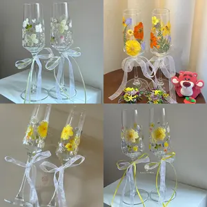 Handmade Dried Flower Resin Champagne Flutes Set of 2, Preserved Flower Wine Glasses, Unique Wedding Gift for Bride & Groom