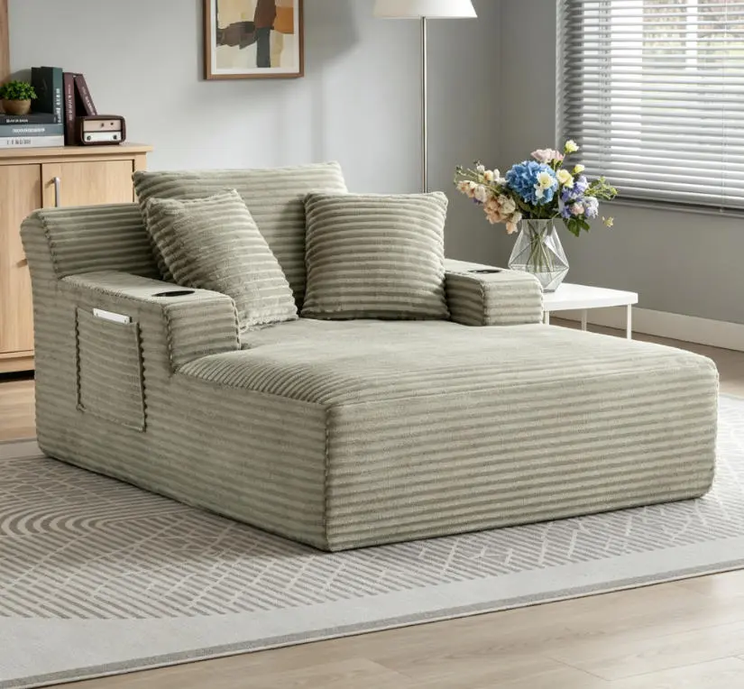 Oversized Corduroy Upholstered Indoor Chaise Lounge Chair - Sponge, Pocket Spring, Neutral, Fully Assembled Modern Comfy Sleeper for Living Room, Office, Armless