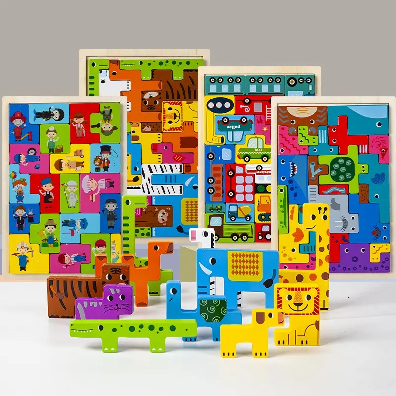 Wooden Animal Tetris Puzzle for Kids, Cartoon Block Stacking Puzzle Board, Educational Learning Toys for Toddlers, Kids Toys for Boys Girls Age 3-6