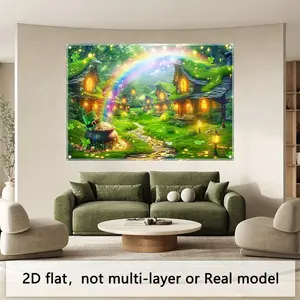 1PC,2D Flat St. Patrick's Day Themed Tapestry, Fantasy Rainbow Elf Houses & Shamrock Treasure Pattern Wall Hanging, Decorative Tapestry for Bedroom, Living Room, Photo Backdrop