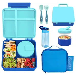 PAWTONG Kids Bento Lunch Box Set with 8oz Soup Thermo, Water Bottle, Leakproof Food Containers, Insulated Hot Food Jar, Lunch Bag for Meals & Travel