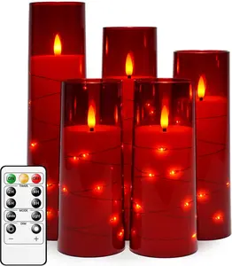 [New deal] - Flameless LED Candles with Timer 5 Pc Flickering Flameless Candles for Romantic Ambiance and Home Decoration Stable Acrylic Shell,with Embedded Star String，Battery Operated Candles（Red）