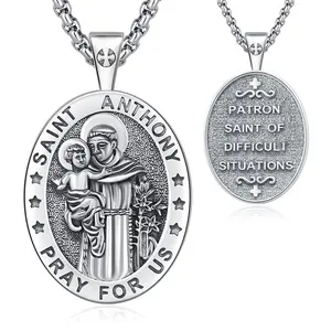 DRINSPER S925 Saint Anthony Necklace St Anthony of Padua Protection Amulet Pendant Necklace Jewelry Gift for Men Women