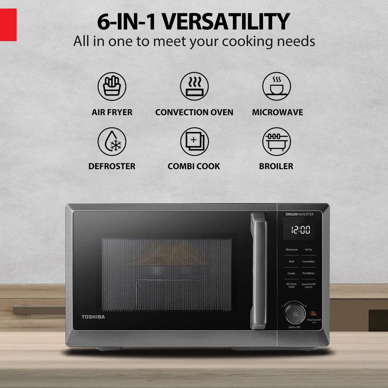 TOSHIBA 6-in-1 Inverter Countertop Microwave Oven Healthy Air Fryer Combo, MASTER Series, Broil, Convection, Speedy Combi, Even Defrost 11.3'' Turntable Sound On/Off, 27 Auto Menu