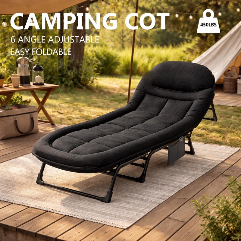 Camping Cot for Adults, 6-Angle Adjustable Folding Camping Bed with Mattress, Lightweight & Portable for Camping, Office, Outdoor, Supports 450 lbs with Carry Bag