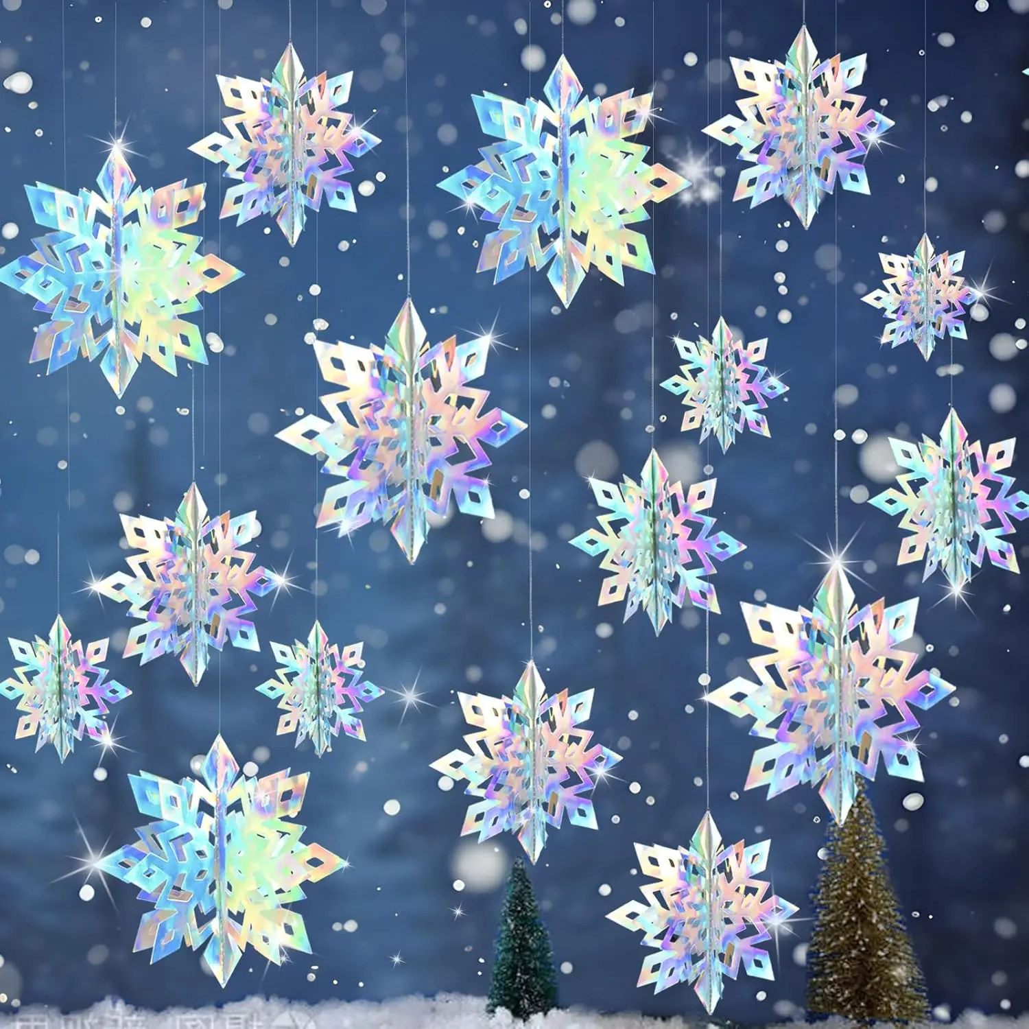 15pcs Xmas 3D Iridescent Snowflakes for Winter Wonderland Home Party Decor Ornaments Decoration
