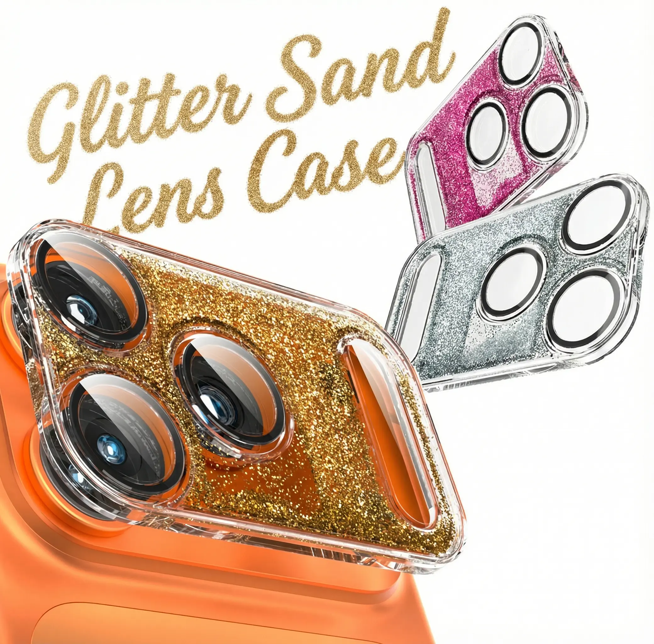 Moiuyrt Summer Sale Glitter Sand Flow Case Snap-On Camera Lens Cover for iPhone 17 Pro/17 Pro Max Includes 3X HD Lens Protectors Anti-Scratch Cap Easy Click Lock Design Decorative Caps