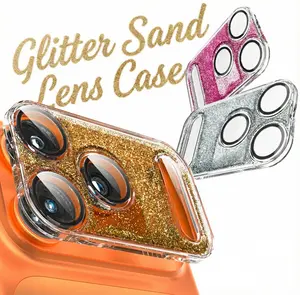 Mother's Day Glitter Sand Flow Case Snap-On Camera Lens Cover for iPhone 17 Pro/17 Pro Max Includes 3X HD Lens Protectors Anti-Scratch Cap Easy Click Lock Design Decorative Caps