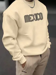 Men's Casual Mexican Line Letter Print Round Neck Loose Sweatshirt, Vintage Long Sleeve Top, Perfect Gift for Friends/husband/boyfriend