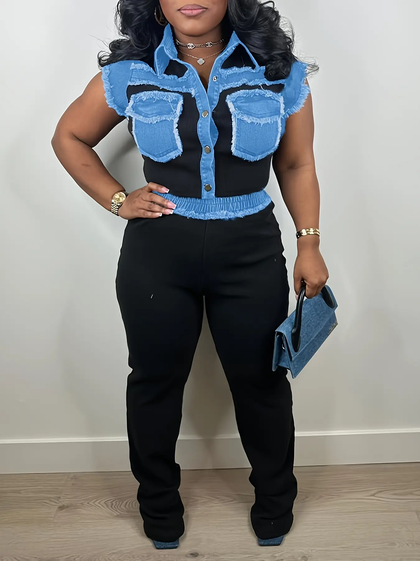 MOTIONKILLER Women's Fashion 2-Piece Set - Solid Polyester Blend Outfit with Spread Collar Sleeveless Fitted Knot Top & Wide Leg Pants