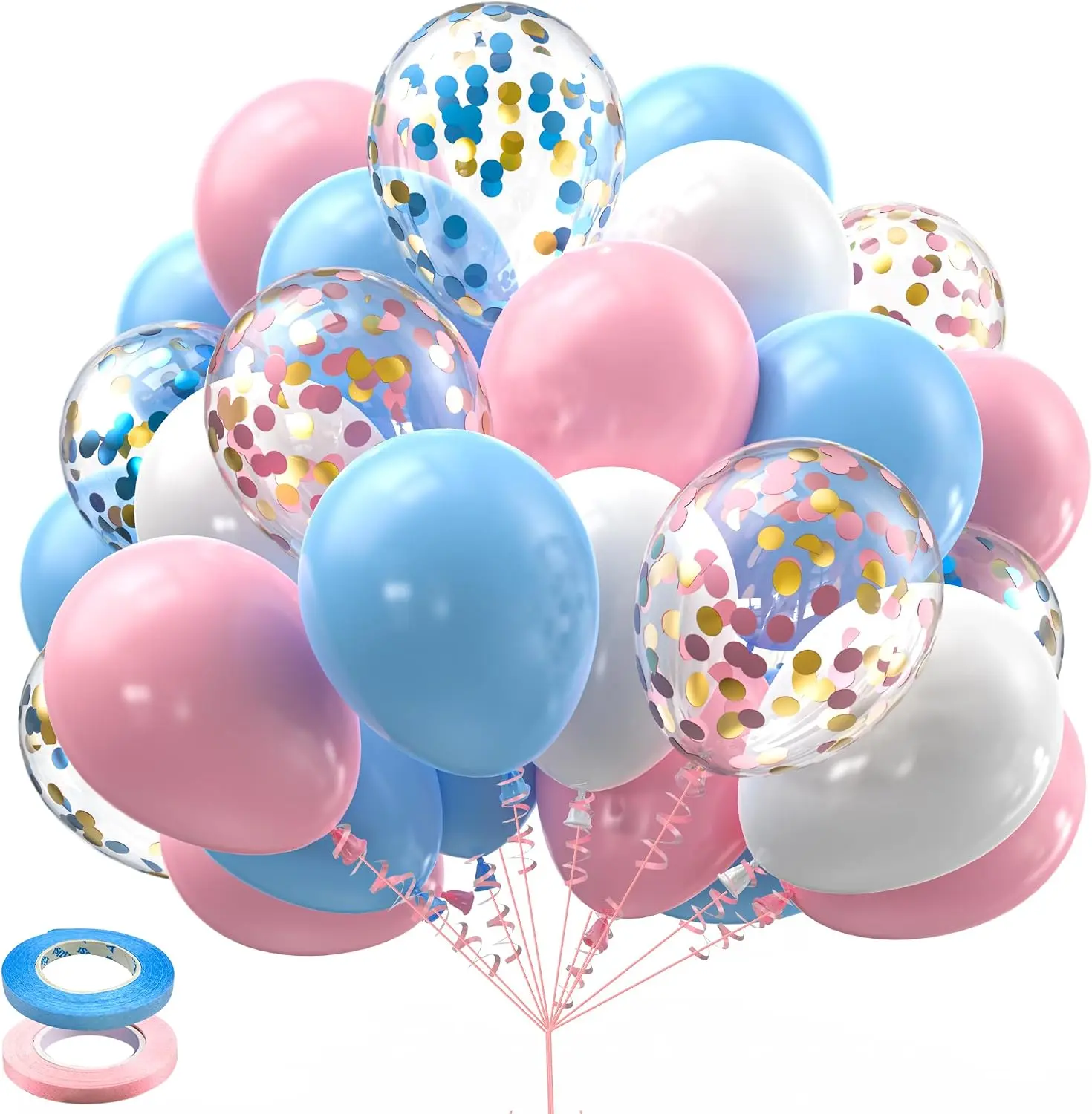 Confetti Balloons Set - 12 Pieces of Blue, Pink, White & Clear Balloons with Confetti Inside for Party Decorations