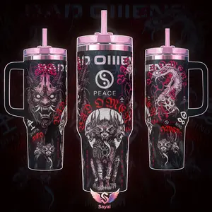 BAD OMENS The Death of Peace of Mind Hannya Mask METALCORE Sayal 40 oz Vacuum Insulated Cup Straw Keeps Drinks Hot Cold 12H+ For Rock Lovers & Dark Aesthetic Vibes Oni Style Splash-Proof 18/8 Stainless Steel Comfort Handle Mug For Fans