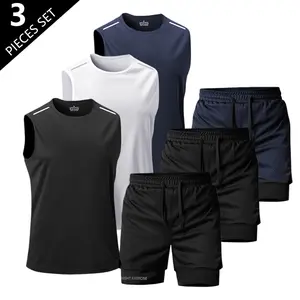 Men's Casual Sports Set Quick-Dry Athletic Shirt & Sleeveless T-Shirt Stretch Breathable Mesh Fabric Loose Fit Workout Training Top Five-Point Shorts Ideal for Sports Outdoor Activities