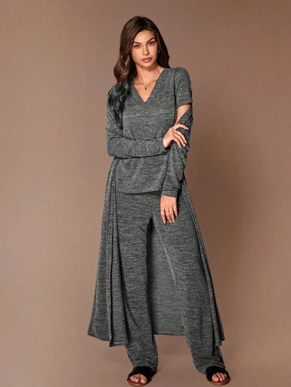 Three-Piece Lounge Set with V-Neck Short Sleeve Top, Bowknot Detail Pants, and Robe