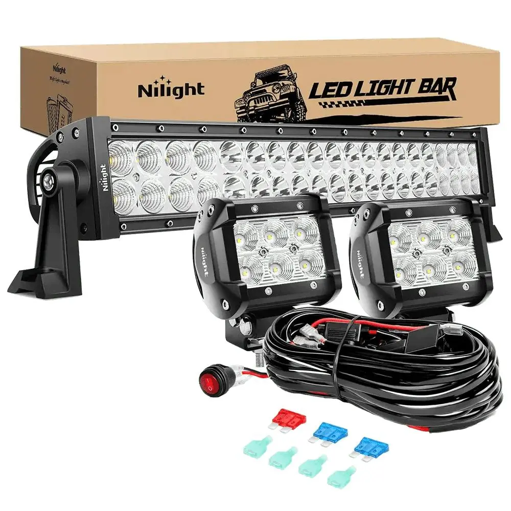Nilight 22 Inch 120W Double Row Spot Flood LED Light Bar | 2Pcs 4 Inch 18W Flood LED Pods | 16AWG Wire 3Pin Switch Led Backlights, Led Work Light, High Power Output
