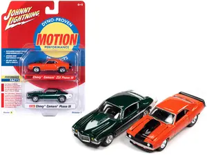 1969 Chevrolet Camaro ZLX Phase III Hugger Orange w/Black & 1973 Phase III Dark Green 1/64 Diecast Model Cars Johnny Lightning