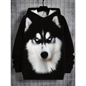 Stylish Husky Print Hoodie - Fashion Hoodies with Long Sleeve, Slight Stretch, Soft Knit Fabric, 100% Polyester, Regular Fit, Casual Animal Pattern Design for Men - Unique Gift Idea