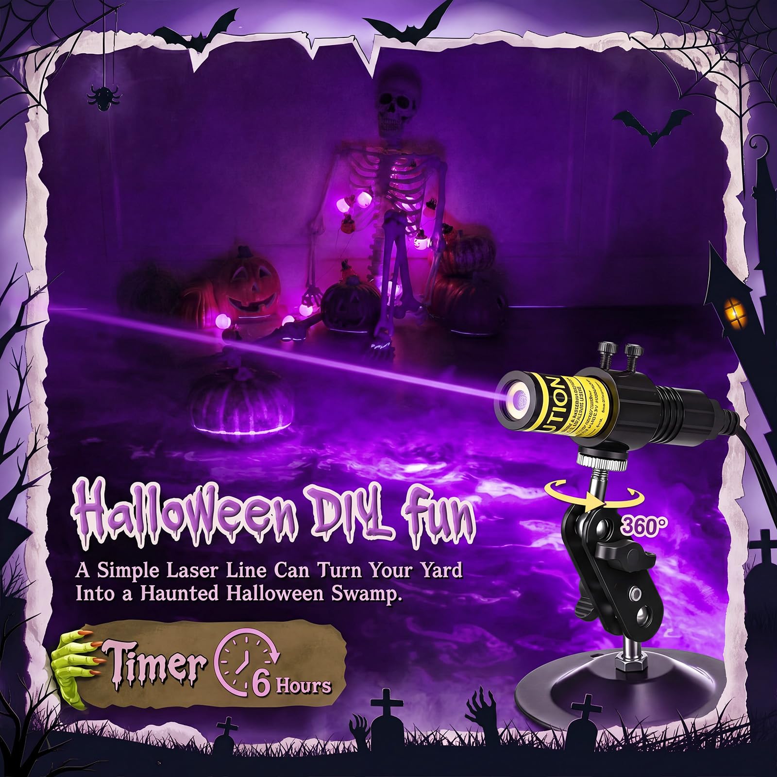 Halloween Laser Swamp Light Works with Low Lying Fog Machine (Not included), Laser Projector Laser Pointer High Power IP67 Waterproof 360-Degree Adjustable Halloween Decor Creepy Haunted House Decor Garden DIY Halloween Witch Decorations for Yard