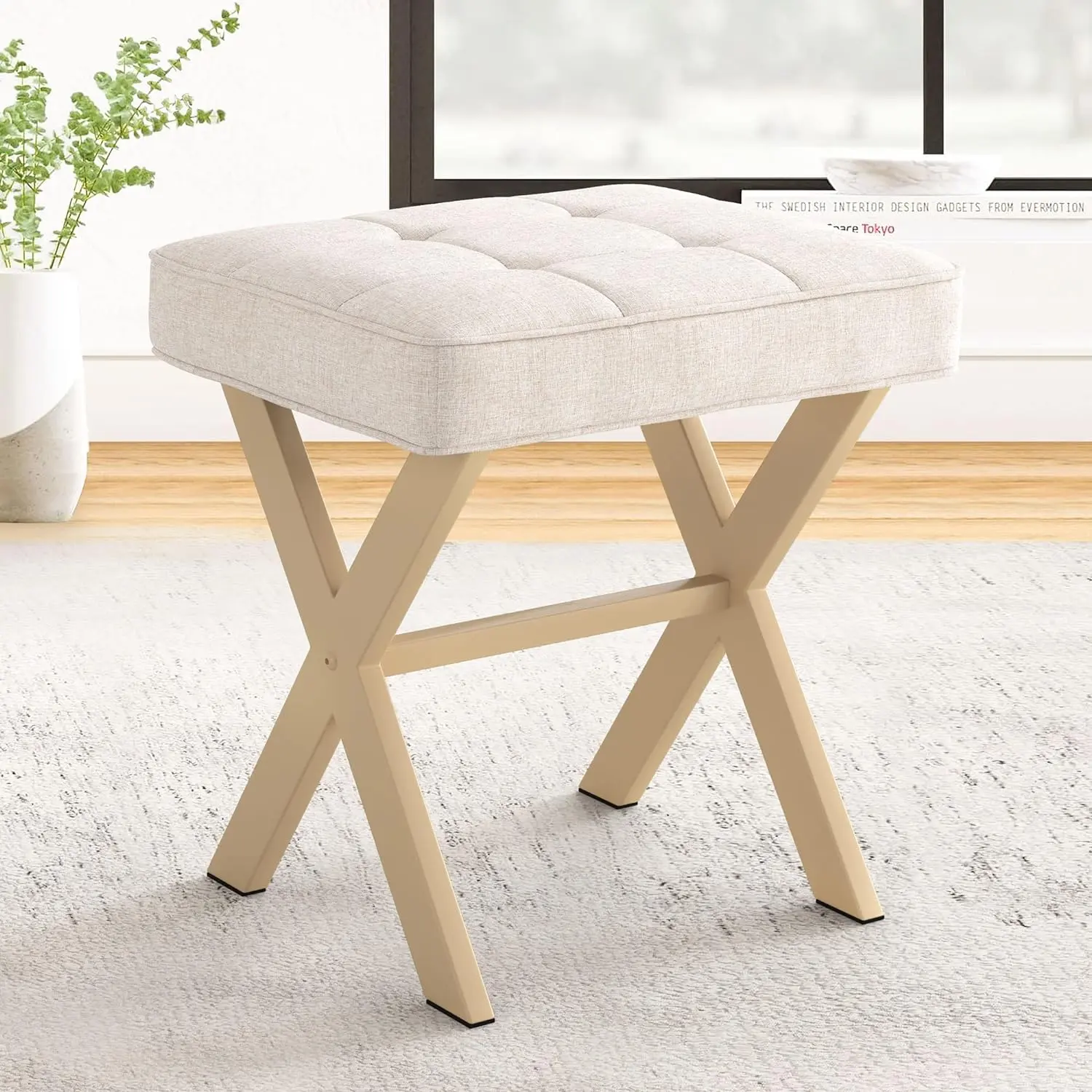 Square Linen Makeup Stool, Metal X , Small Ottoman Stool Chair for Vanity, Modern Padded Seat Foot Rest for Makeup Room, Bathroom