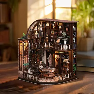 Bookshelf DIY Mini Residential Kit, Wooden 3D Puzzle, Wood For Crafts, Attic Study Room Model with Stairs, Adult and Teen Bookshelf Decoration