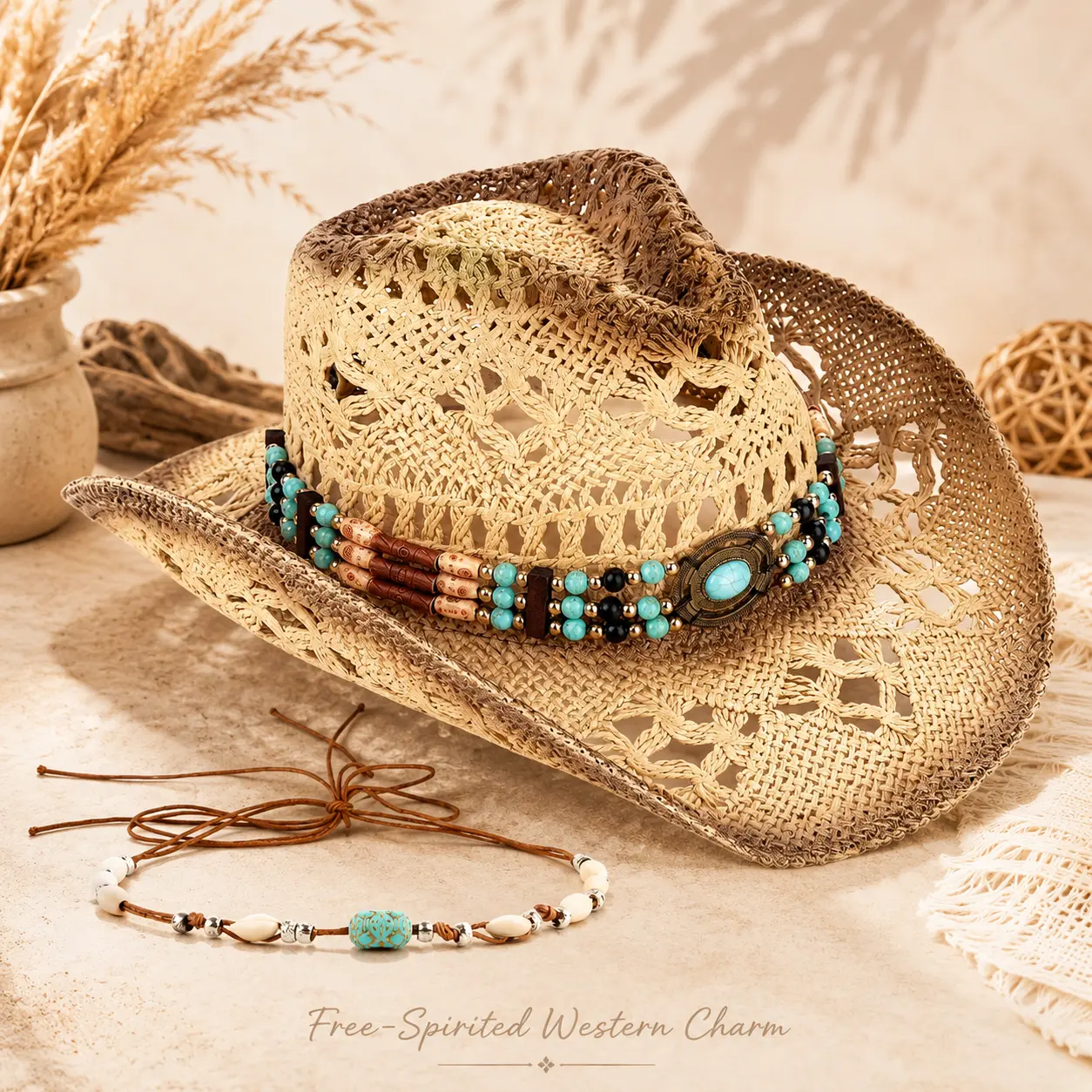 Women’s Straw Cowboy Hat Western Beaded Band Beach Sun Hat Boho Cowgirl Style