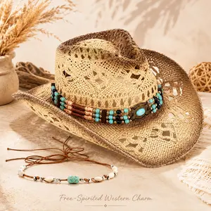 Women’s Straw Cowboy Hat Western Beaded Band Beach Sun Hat Boho Cowgirl Style