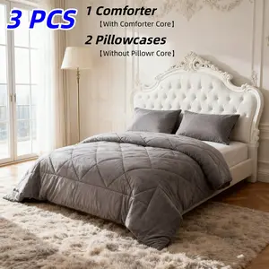 3-Piece Autumn Winter Luxury Fluffy Quilt Set, 1 Quilt + 2 Pillowcases (contains Inner Pad), Ultra-Thick Velvet Bedding, Modern Style, Anti-Static, Soft Bedding Sets