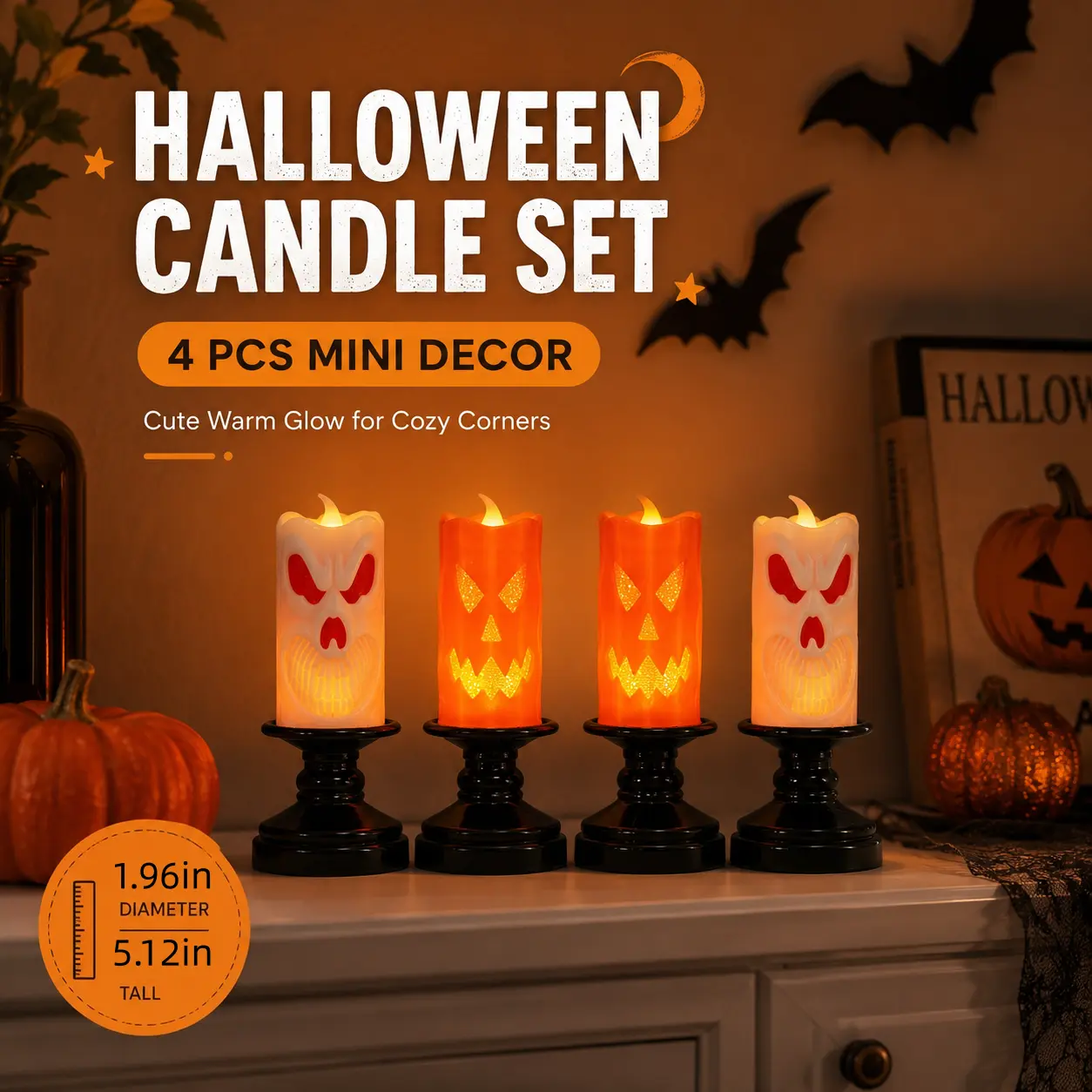 4-Pack Halloween Light-Up Candle Set, 2 Ghost & 2 Jack-O’-Lantern Mini Tabletop Decorations, Warm Glowing Indoor Decor for Mantel, Shelf, Entryway & Party