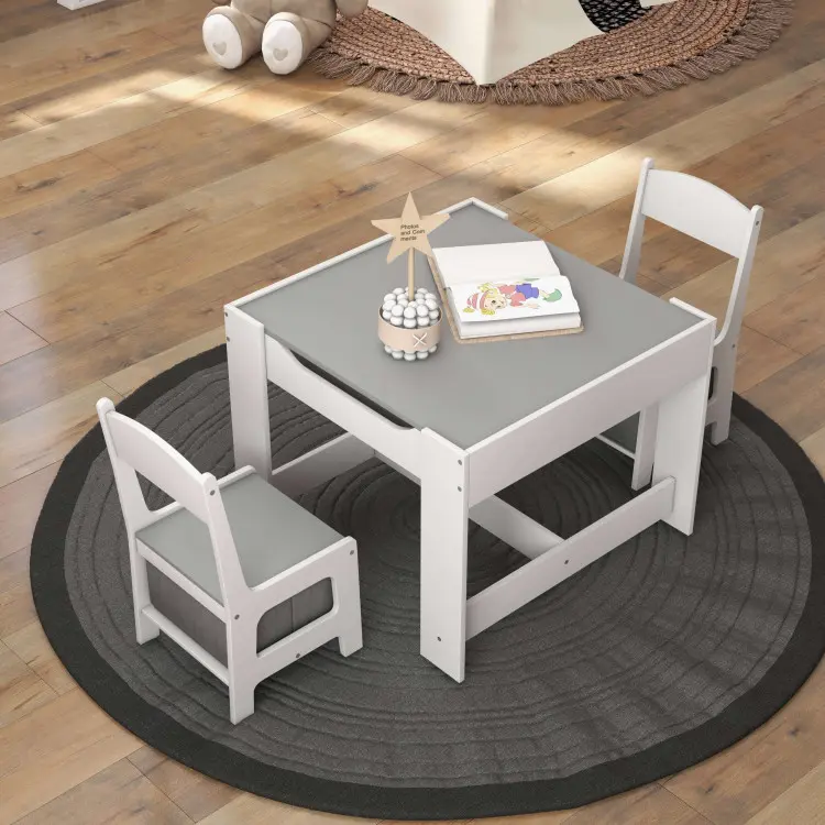 Casavo Kids Table and 2 Chairs Set with Storage Boxes Reversible Blackboard Whiteboard Activity Play Table for Toddler Drawing Crafts Playroom