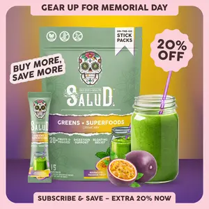 Salud 2-in-1 [Greens + Superfoods – Passion Fruit] Daily Greens Drink Mix, Agua Fresca, Gut Health & Bloating Support, Probiotics & Prebiotics, Vegan, Non-GMO, Easy-to-Drink Greens Powder (15 Servings)