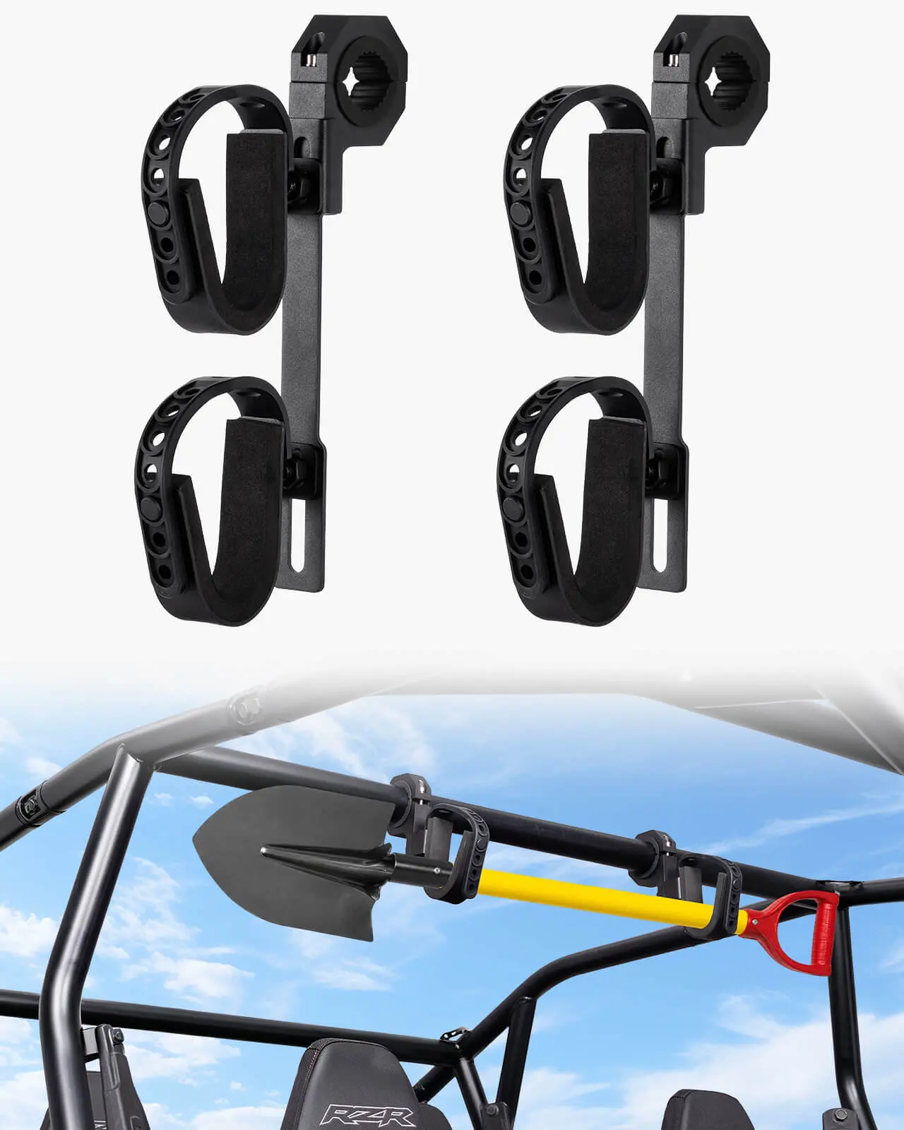 UTV Gun Holder 2 Row, 2 Pack, Fits 1-2 Inch Roll Bar | Protective Foam; Heavy Duty Bracket Tool Rack; Compatible with Polaris RZR Ranger Can-Am Kawasaki Golf Cart Snowmobile