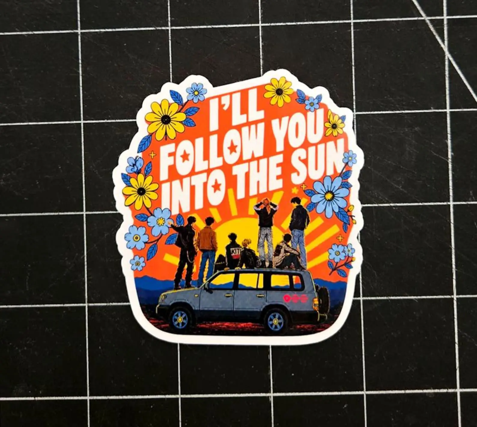 Into the Sun Vinyl Sticker | Retro Sunrise Aesthetic Decal | Waterproof Glossy Laptop Sticker