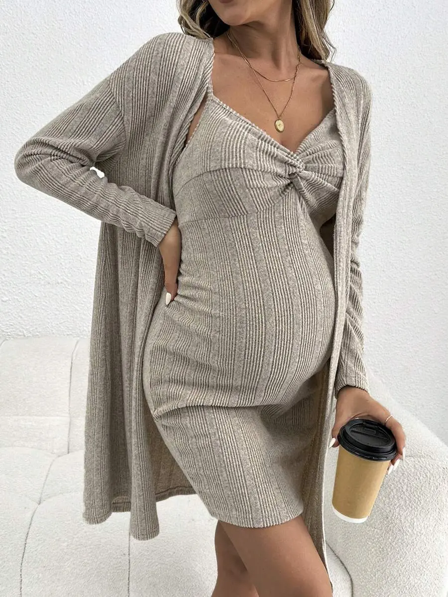 JOCASTAA 2pcs Maternity Casual Outfits: Solid Color Drop Shoulder Long Sleeve Ribbed Cardigan And Twist Front Cami Dress