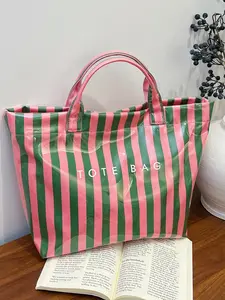 Valentine's Day New Sweet Fresh Stripe Durable Tote Bag, Glossy PVC Large Capacity Commuter Bag, Casual Shopping Bag, Perfect for Spring Summer Shopping